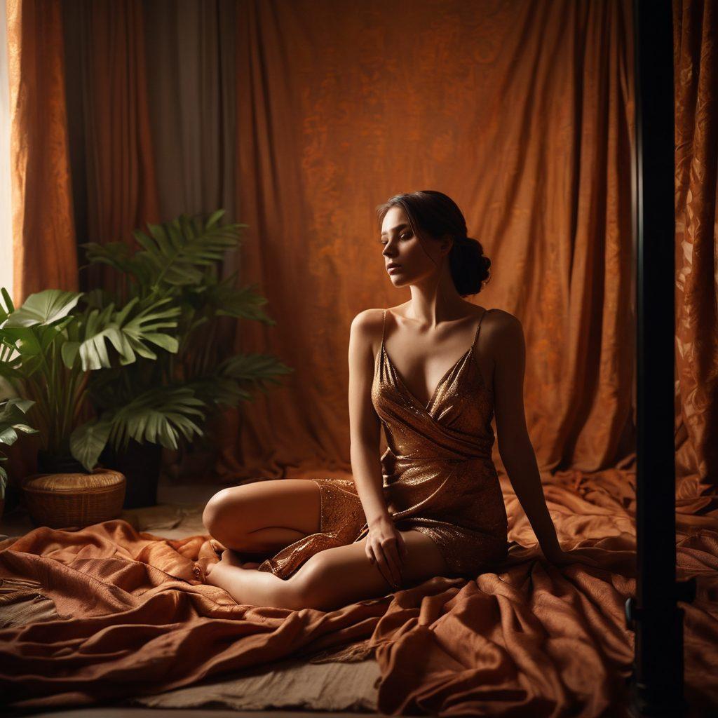 A captivating and artistic depiction of a photographer in a dimly lit studio, surrounded by lush fabrics and soft shadows, capturing the essence of sensuality through risqué photography. Emphasize intricate details of the subject's emotions and poses, blending elegance and allure. Include soft, warm lighting to enhance the intimate atmosphere. The scene should evoke curiosity and an exploration of beauty. super-realistic. warm tones. cinematic lighting.